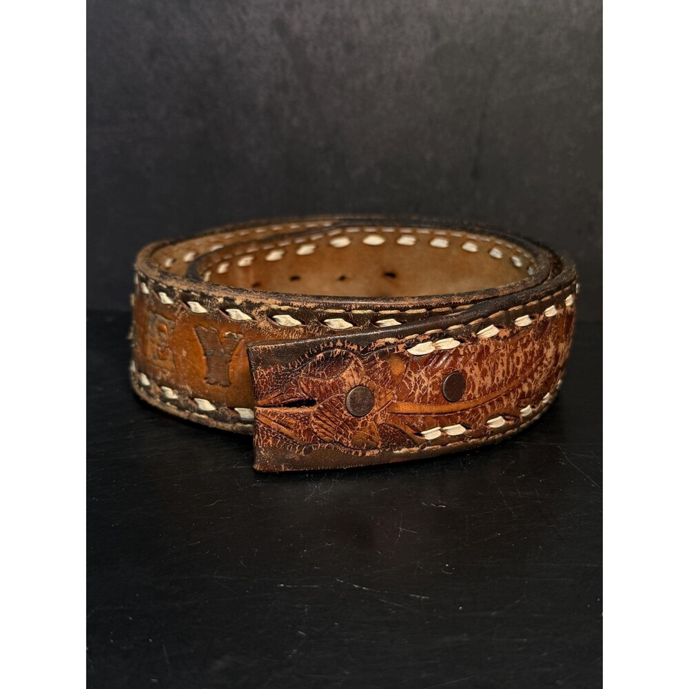 Vintage Tooled Leather Bradley Engraved Belt Rustic Western Design Size 30